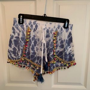 Blue and White flowy Pom Pom shorts